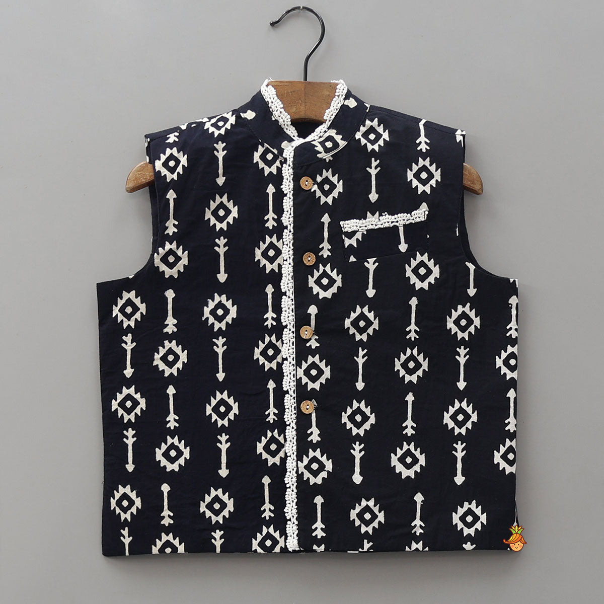 Ethnic Kurta With Front Pocket Jacket And Dhoti
