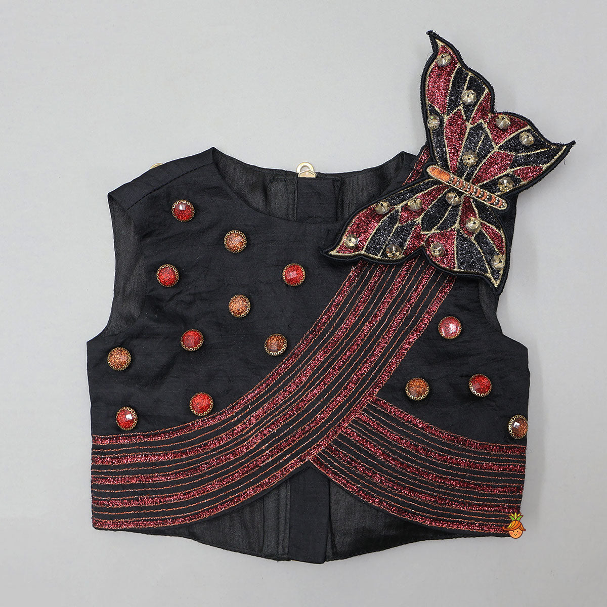 Butterfly-Adorned Drape Top With Layered Shiny Lehenga