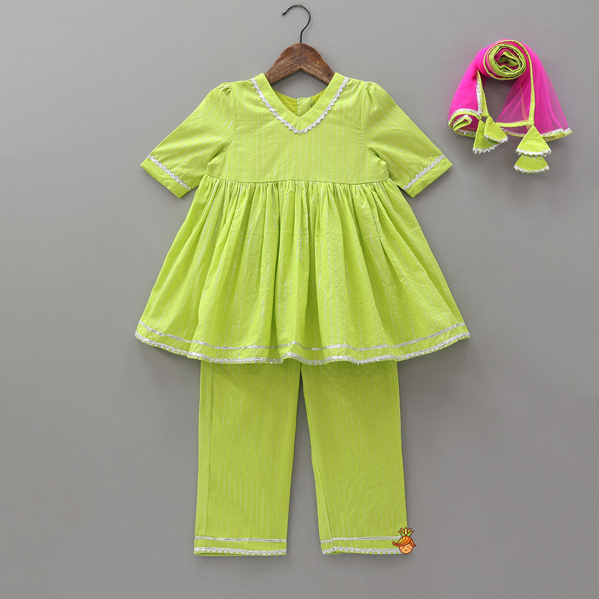 Lurex Striped Kurti And Pant With Statement Dupatta