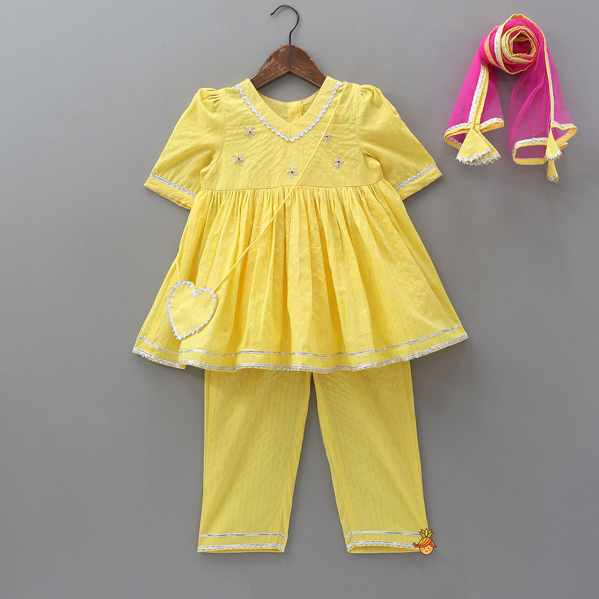 Lurex Striped Kurti And Pant With Contrasting Dupatta And Matching Sling Bag