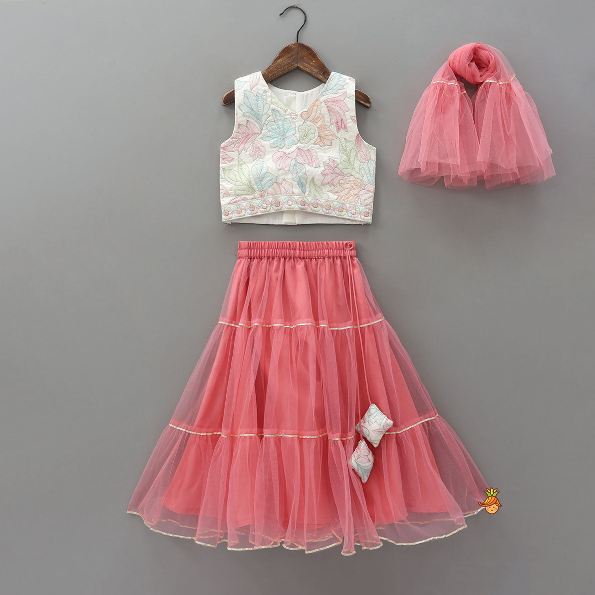 Thread Embroidered Top And Net Lehenga With Matching Dupatta