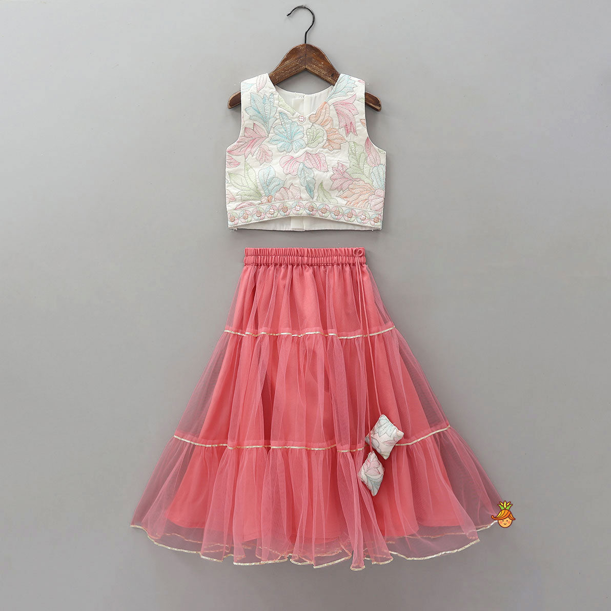 Thread Embroidered Top And Net Lehenga With Matching Dupatta