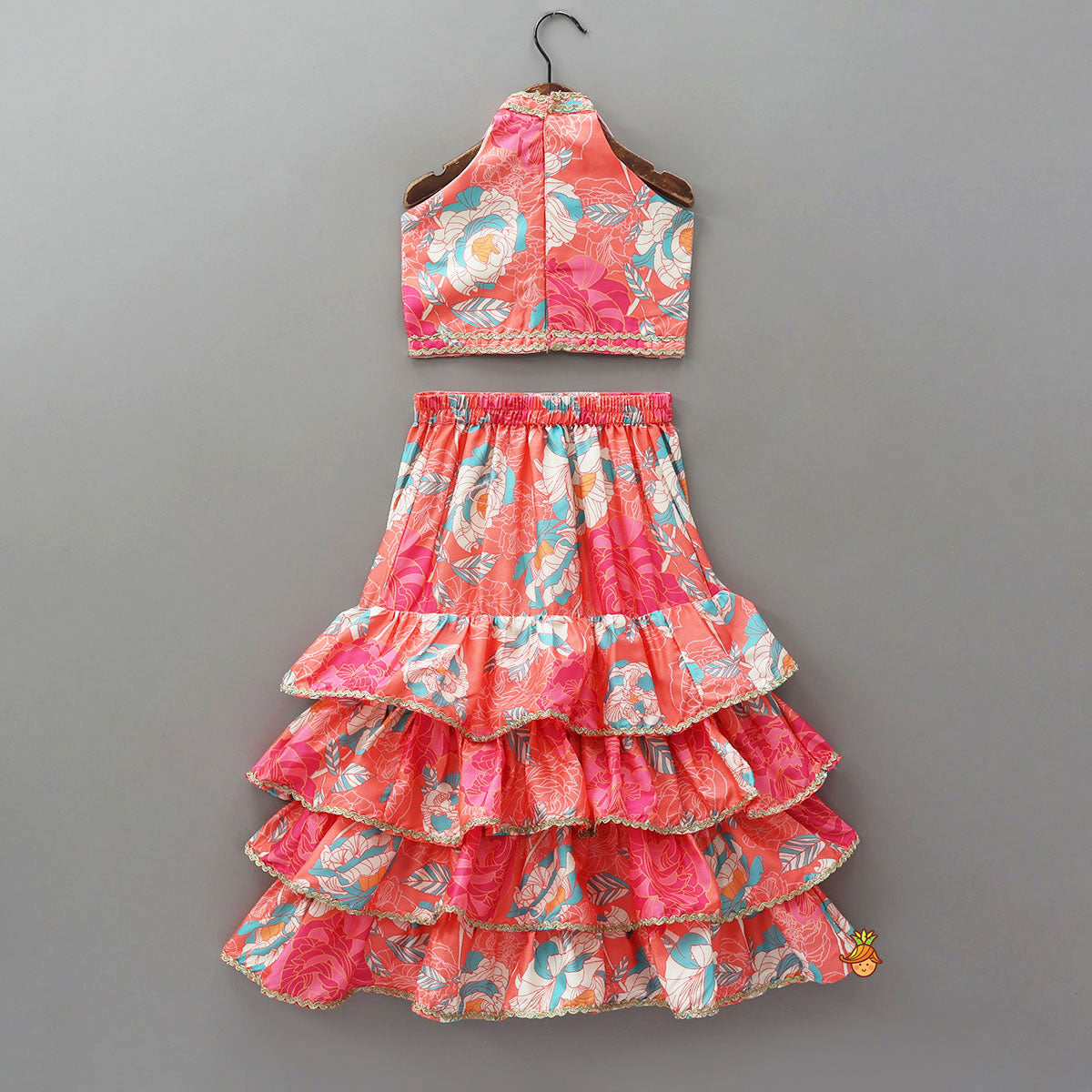 High-Neck Floral Printed Top And Layered Lehenga With Matching Dupatta