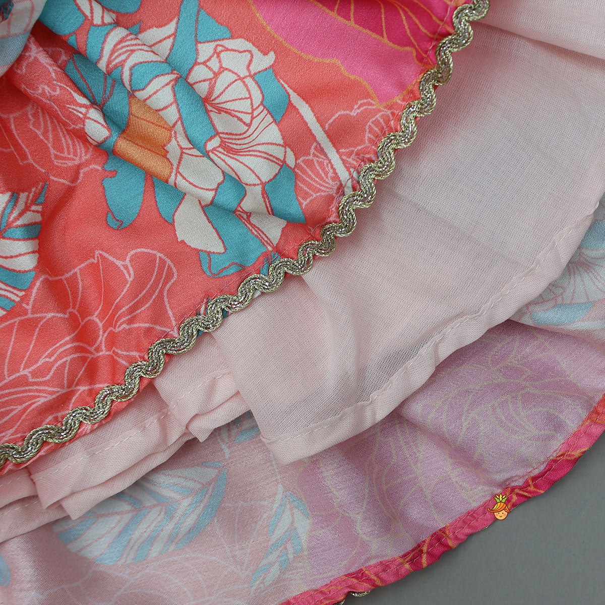 High-Neck Floral Printed Top And Layered Lehenga With Matching Dupatta