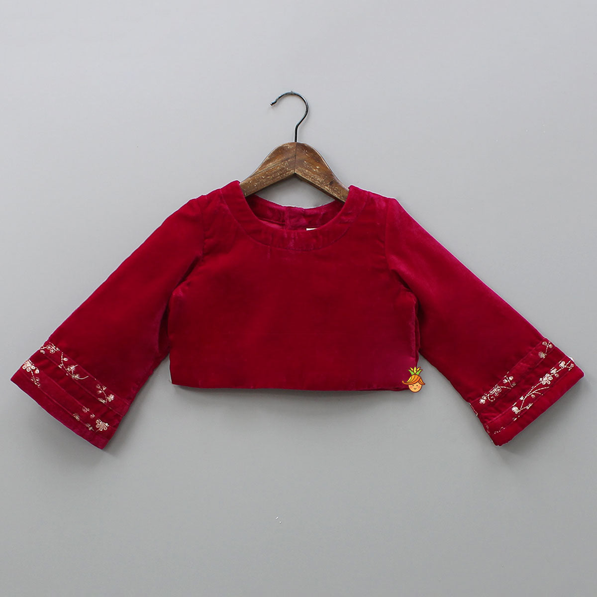 Velvet Top With Zari-Embroidered Lehenga And Attached Dupatta