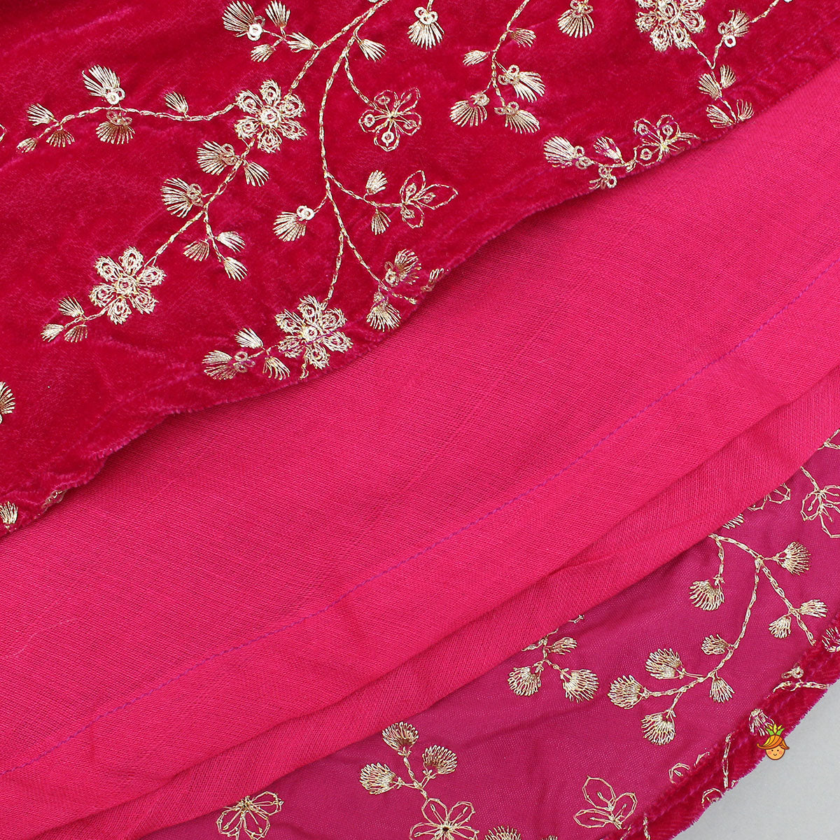 Velvet Top With Zari-Embroidered Lehenga And Attached Dupatta