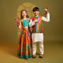 Elegant Multicolour Printed Sleeveless Dress With Attached Bag And Matching Hairband twinning model image 1