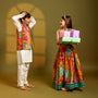 Elegant Multicolour Printed Sleeveless Dress With Attached Bag And Matching Hairband twinning model image 4