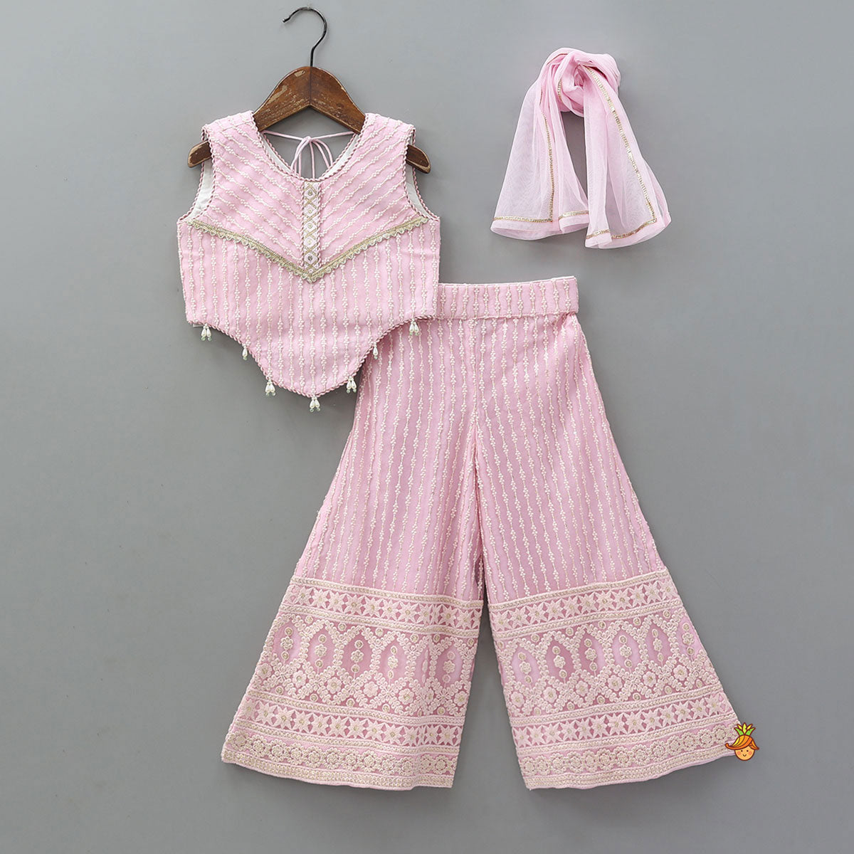 Curved Hem Top And Palazzo With Net Dupatta