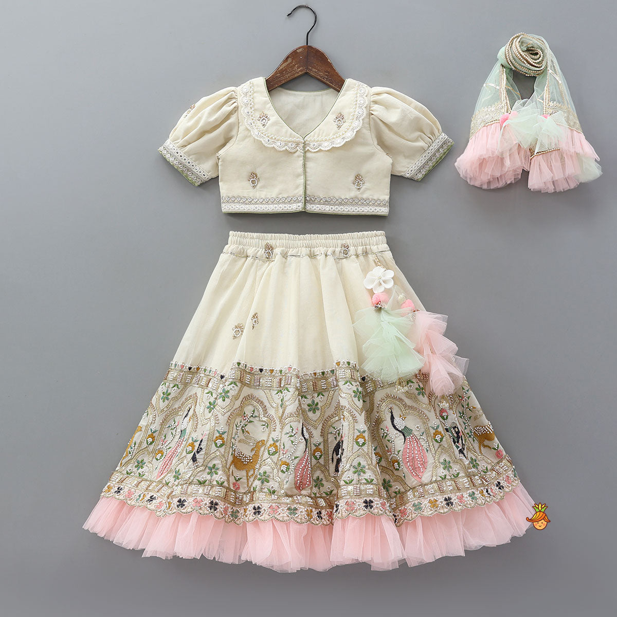 Peter Pan Collar Top And Embroidered Lehenga With Net Dupatta