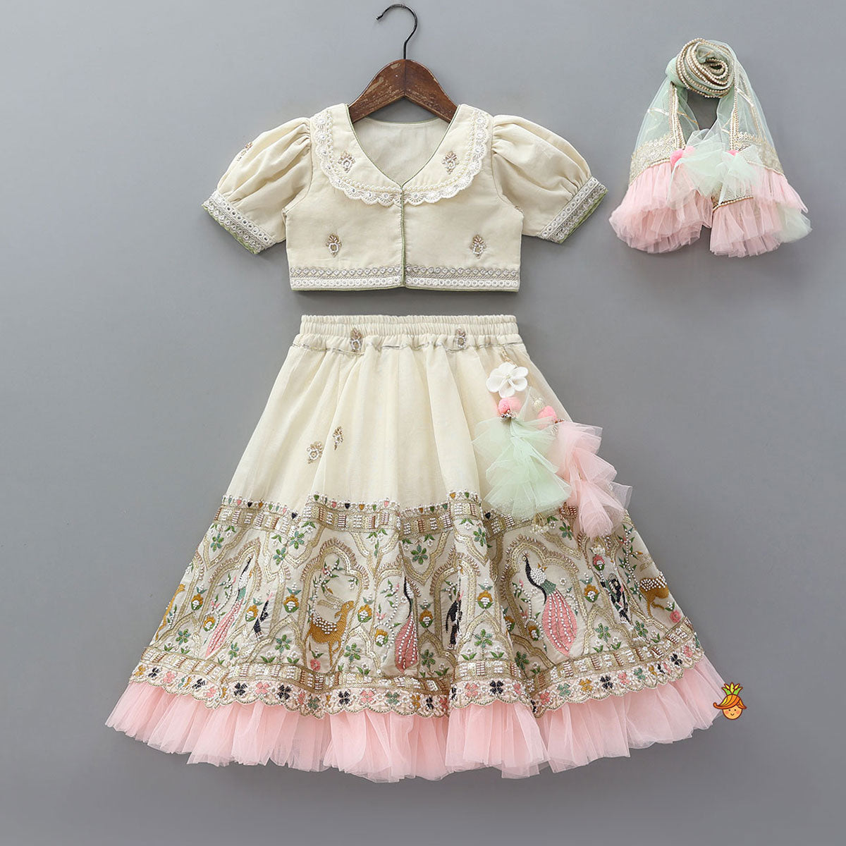 Peter Pan Collar Top And Embroidered Lehenga With Net Dupatta