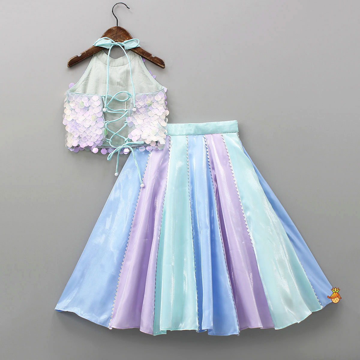 Sequined Halter Neck Top And Multicolour Shiny Lehenga With Net Dupatta