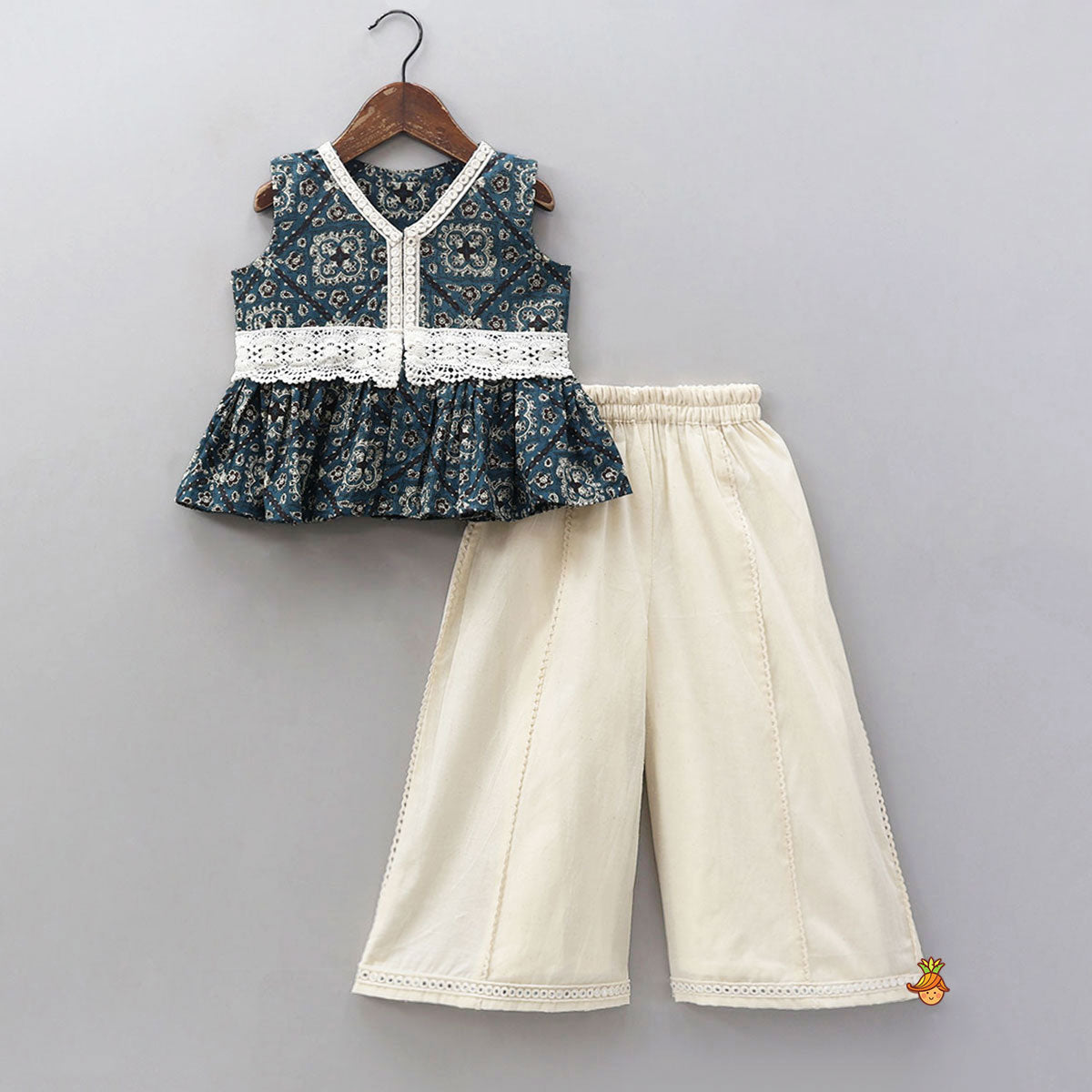 Lace Work Printed Top And Flared Palazzo