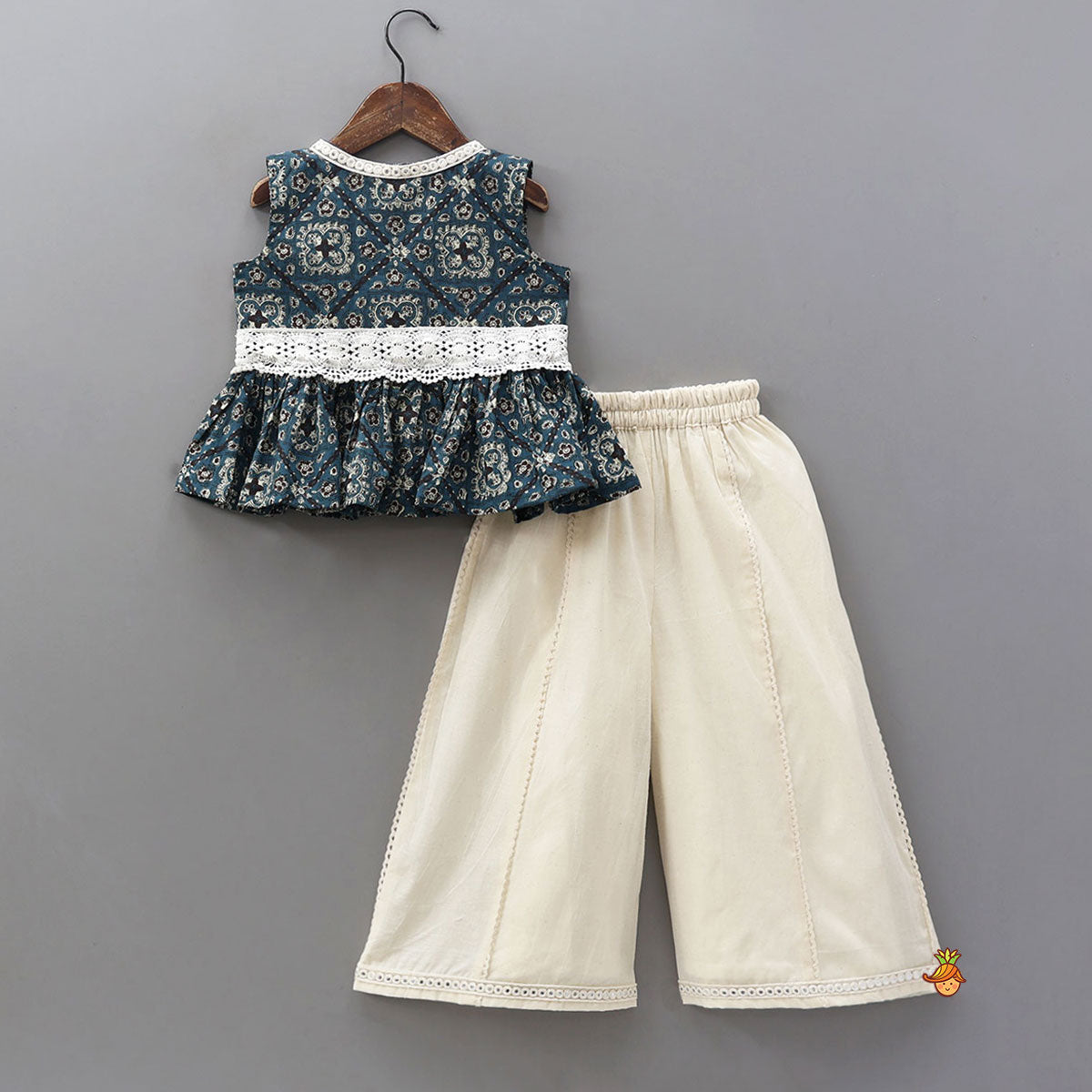 Lace Work Printed Top And Flared Palazzo