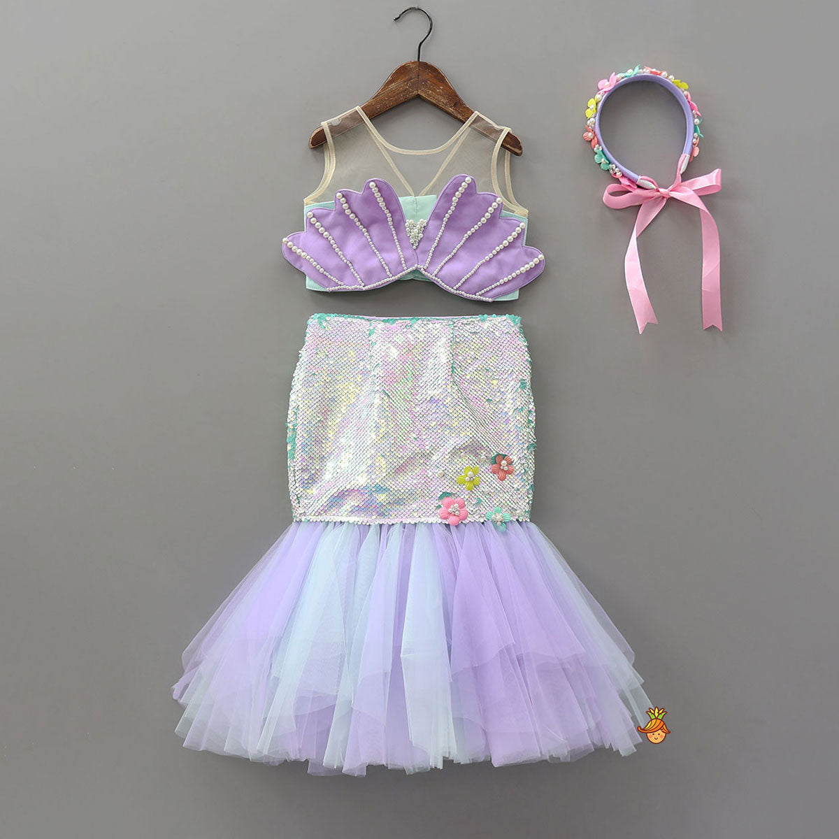 Stunning Top And Reversible Sequin Detail Mermaid-Style Skirt With Ribbon Hairband