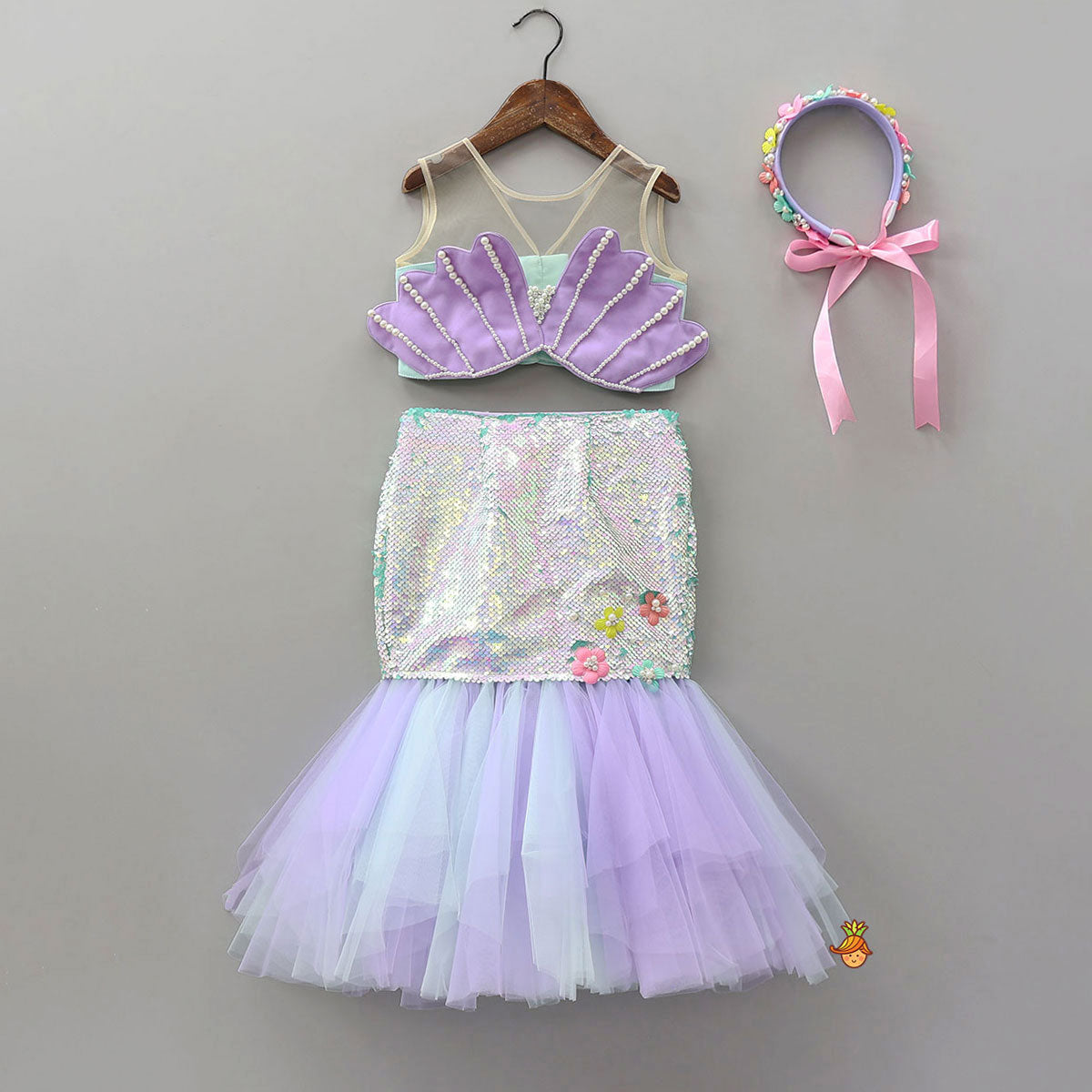Stunning Top And Reversible Sequin Detail Mermaid-Style Skirt With Ribbon Hairband