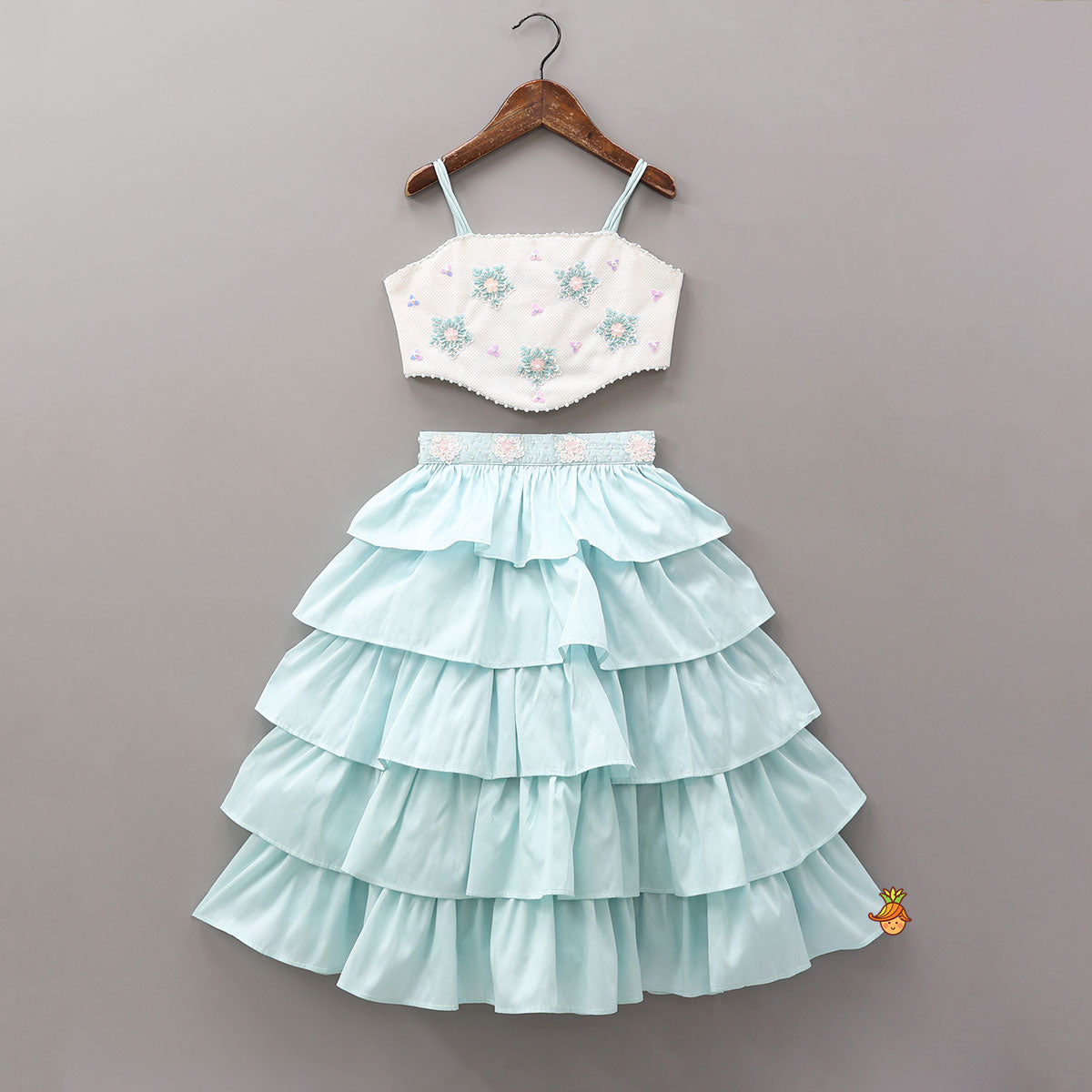 Elegant Strappy Shiny Top With Multi-Layered Lehenga