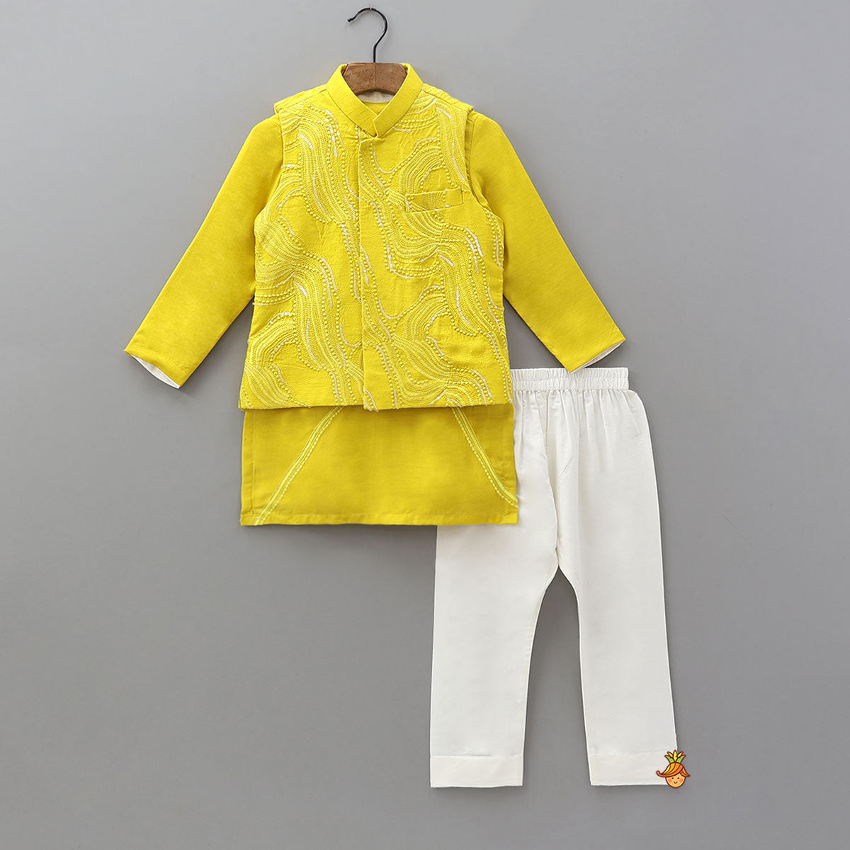 Embroidered Placket Kurta With Matching Jacket And Pyjama
