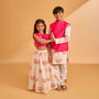 Lotus Motif Embroidered Kurta With Contrasting Jacket And Churidar twinning model image 1