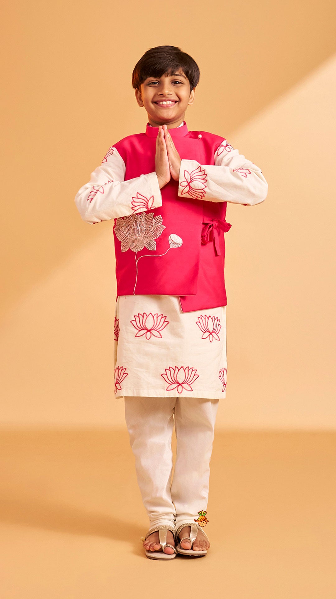 Lotus Motif Embroidered Kurta With Contrasting Jacket And Churidar
