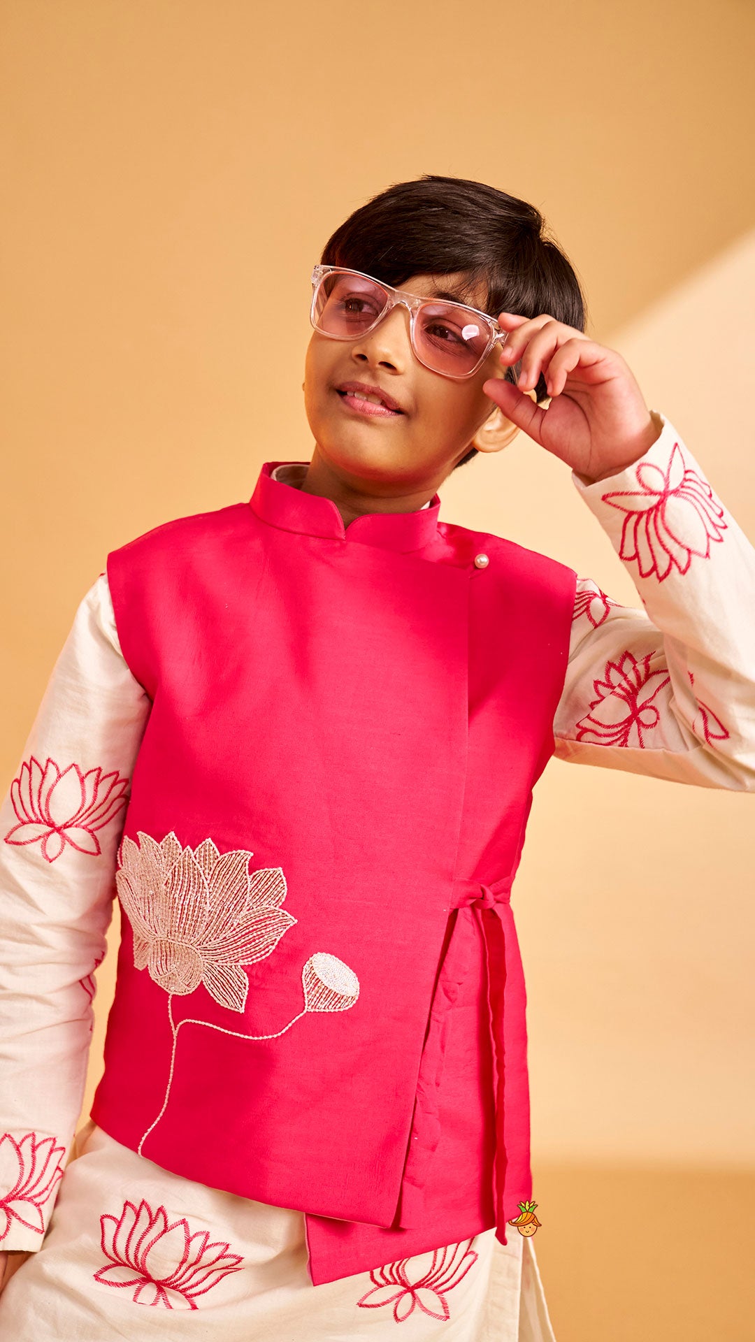 Lotus Motif Embroidered Kurta With Contrasting Jacket And Churidar
