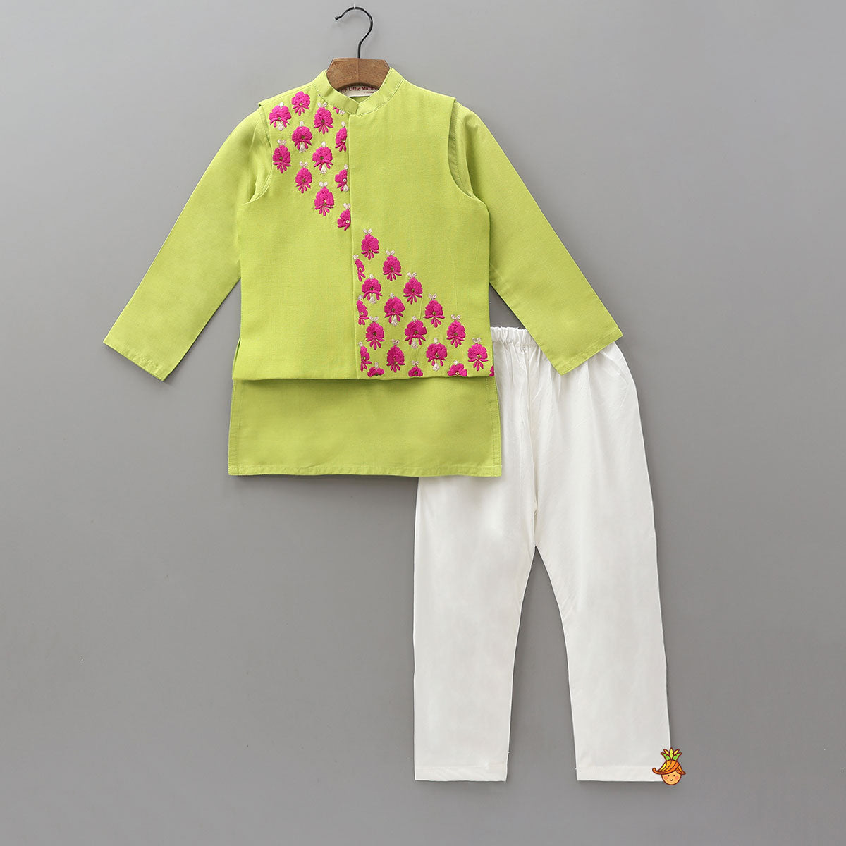 Cotton Silk Kurta With Embroidered Jacket And Pyjama