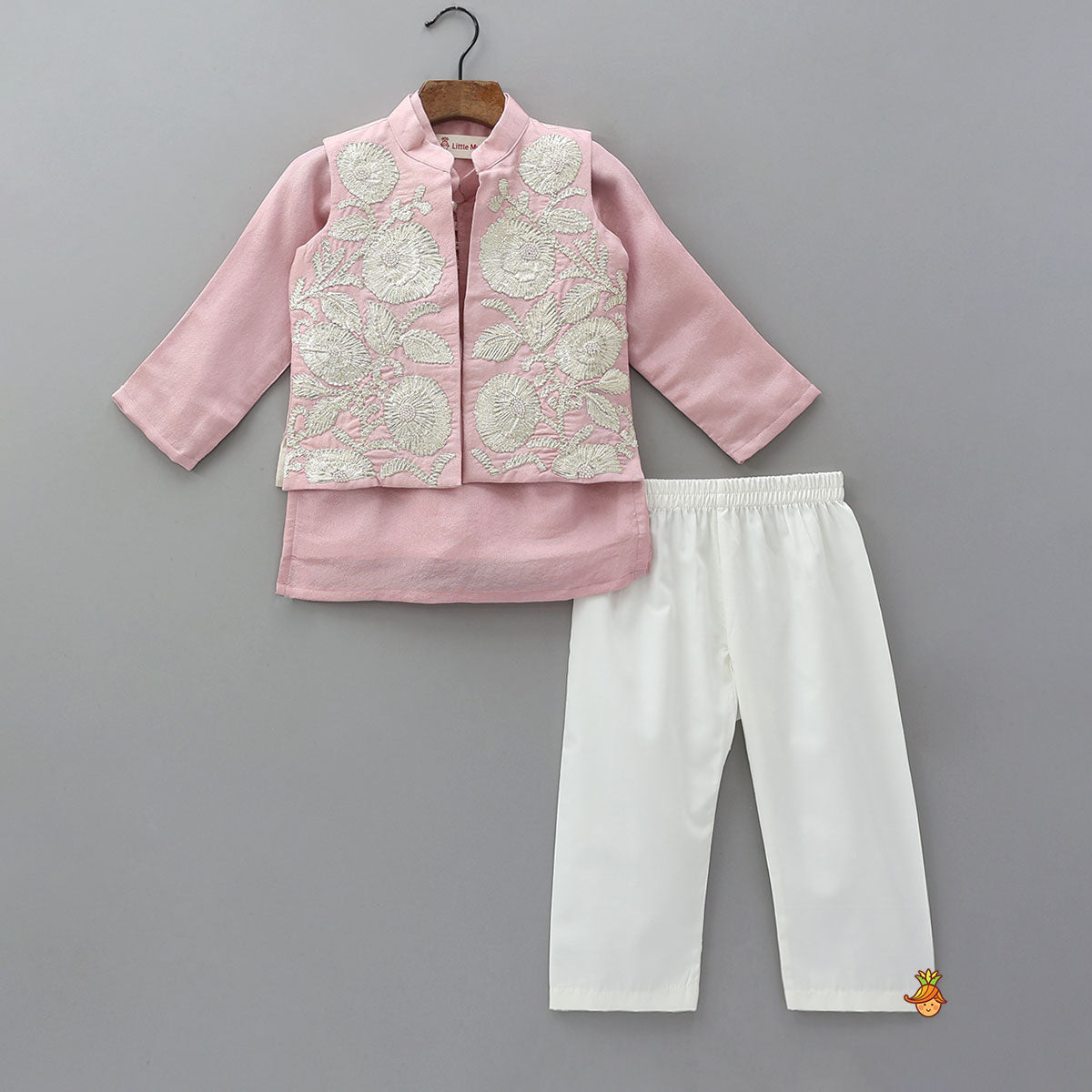 Shimmery Kurta With Shimmery Front Open Hand Embroidered Jacket And Pyjama