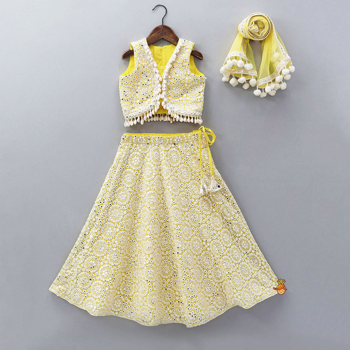 Heavy Faux Mirror Work Top And Lehenga With Matching Net Dupatta