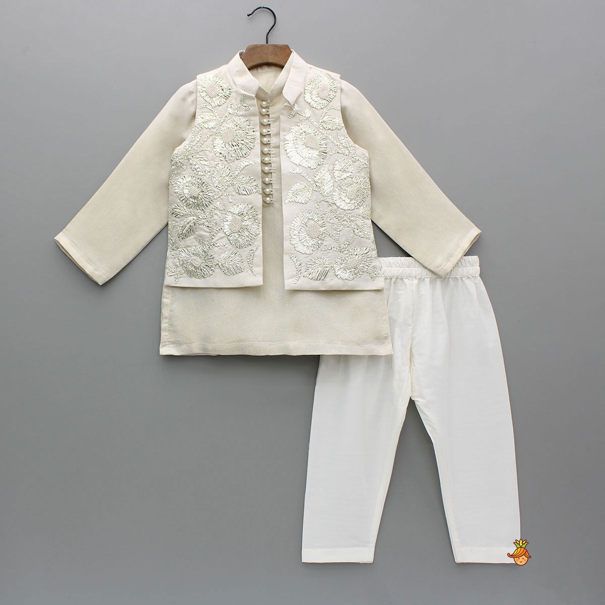 Shimmery Kurta With Front Open Gota Embroidered Jacket And Pyjama