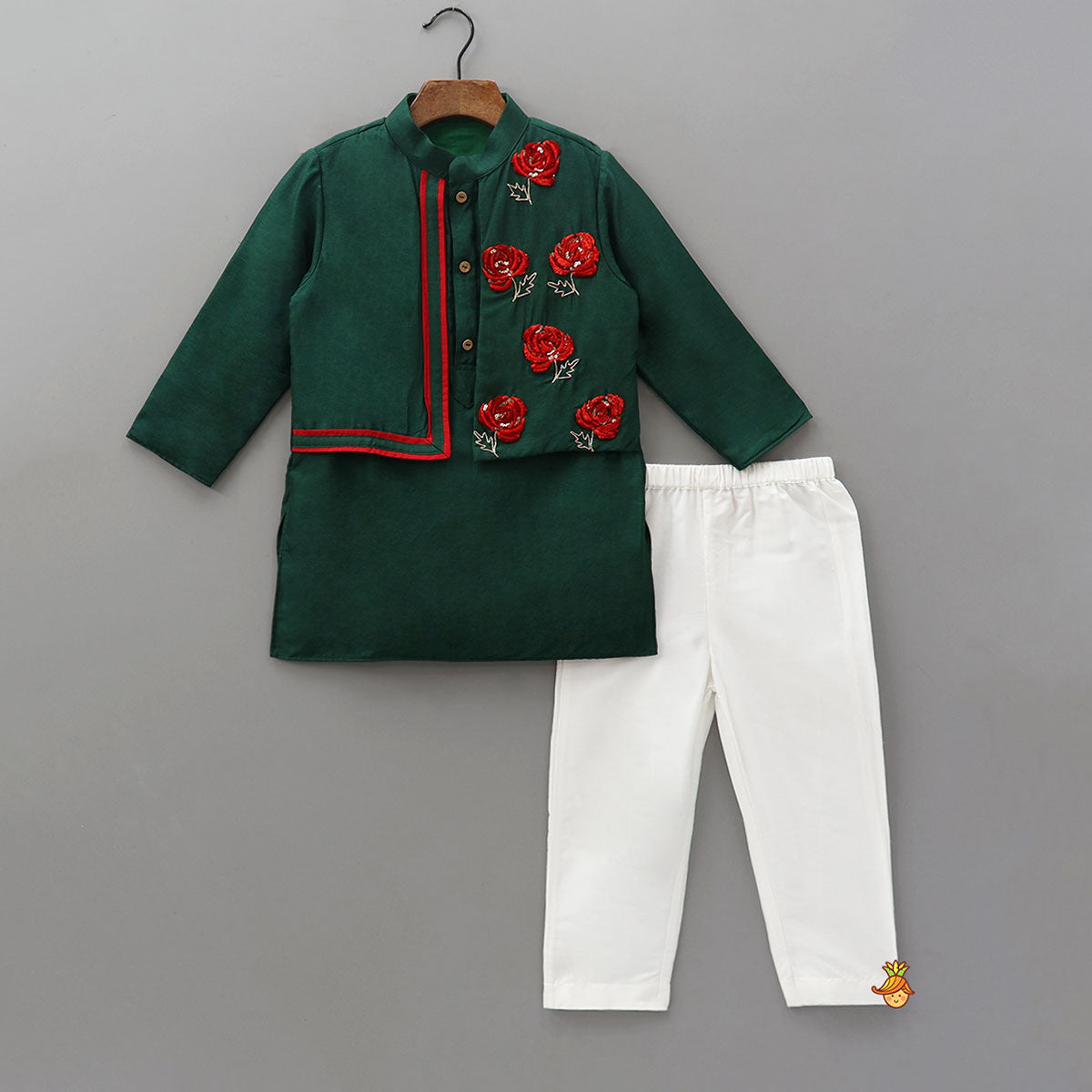 3D Flower Embroidered Jacket-Style Kurta And Pyjama