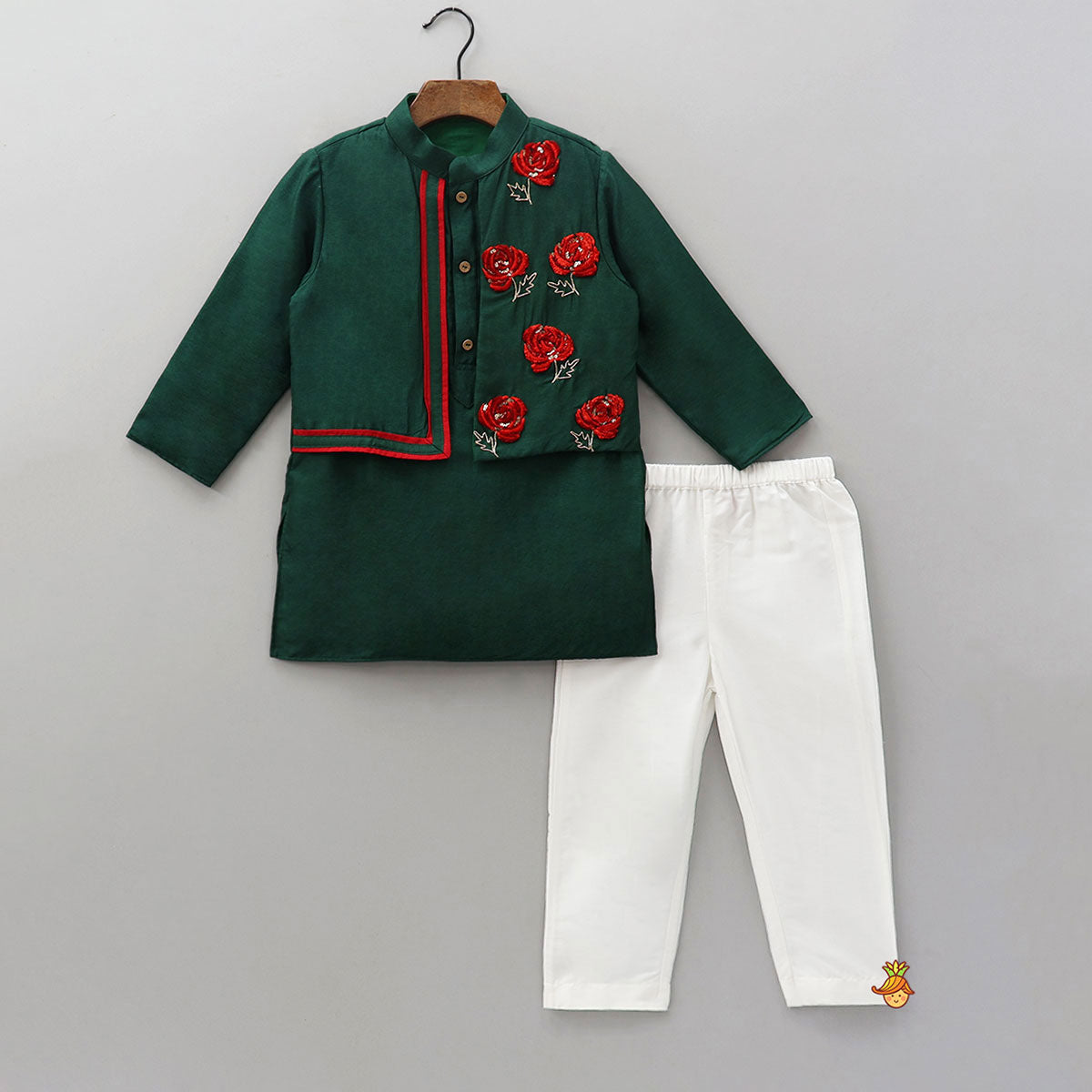 3D Flower Embroidered Jacket-Style Kurta And Pyjama