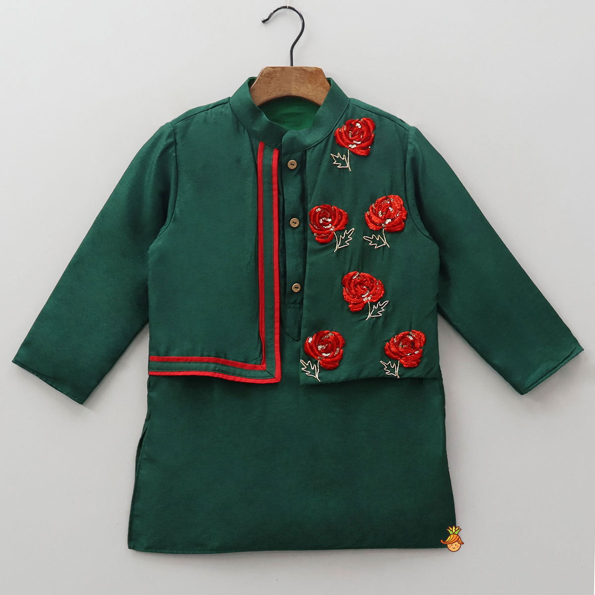 3D Flower Embroidered Jacket-Style Kurta And Pyjama
