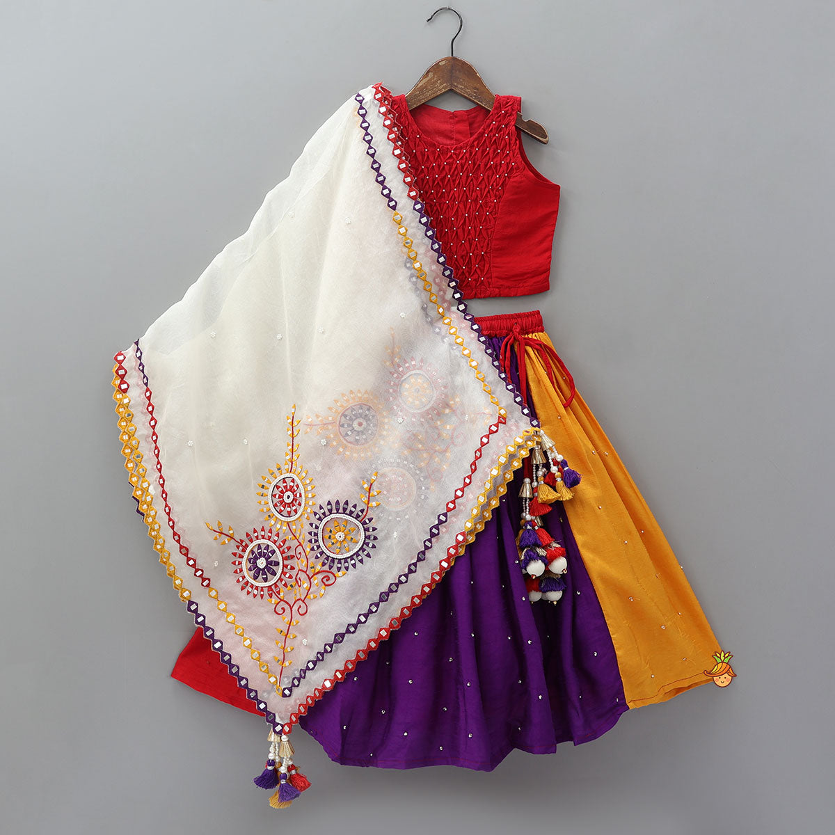 Elegant Top And Multi-Panel Colour-Block Lehenga With Mirror Work Dupatta
