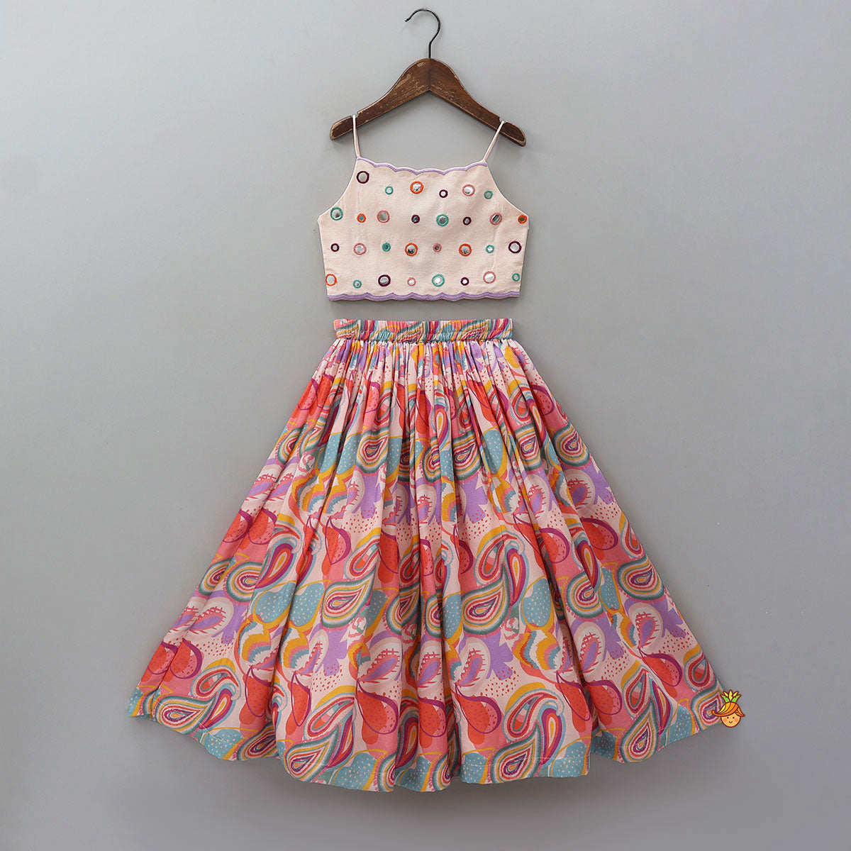 Faux Mirror Work Strappy Top And Printed Lehenga