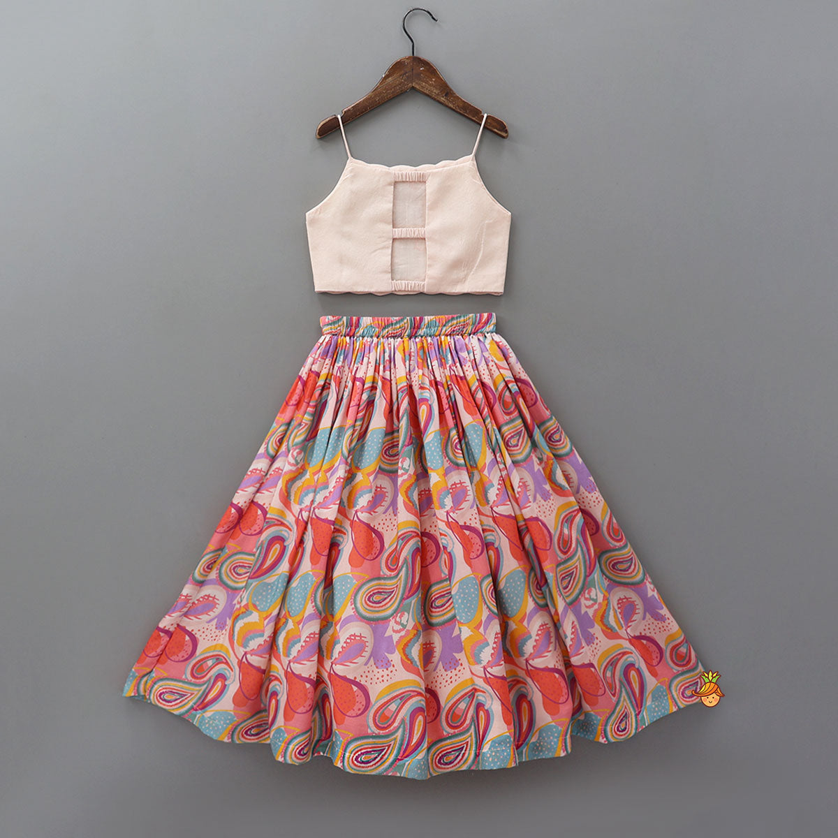 Faux Mirror Work Strappy Top And Printed Lehenga