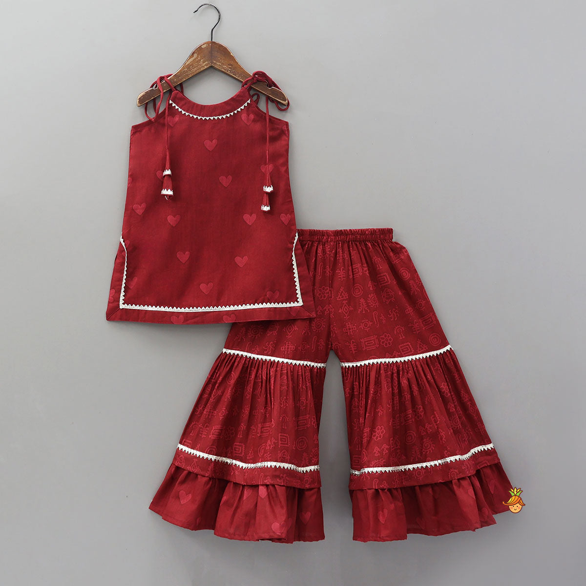 Heart Printed Strappy Kurti And Layered Sharara With Matching Dupatta