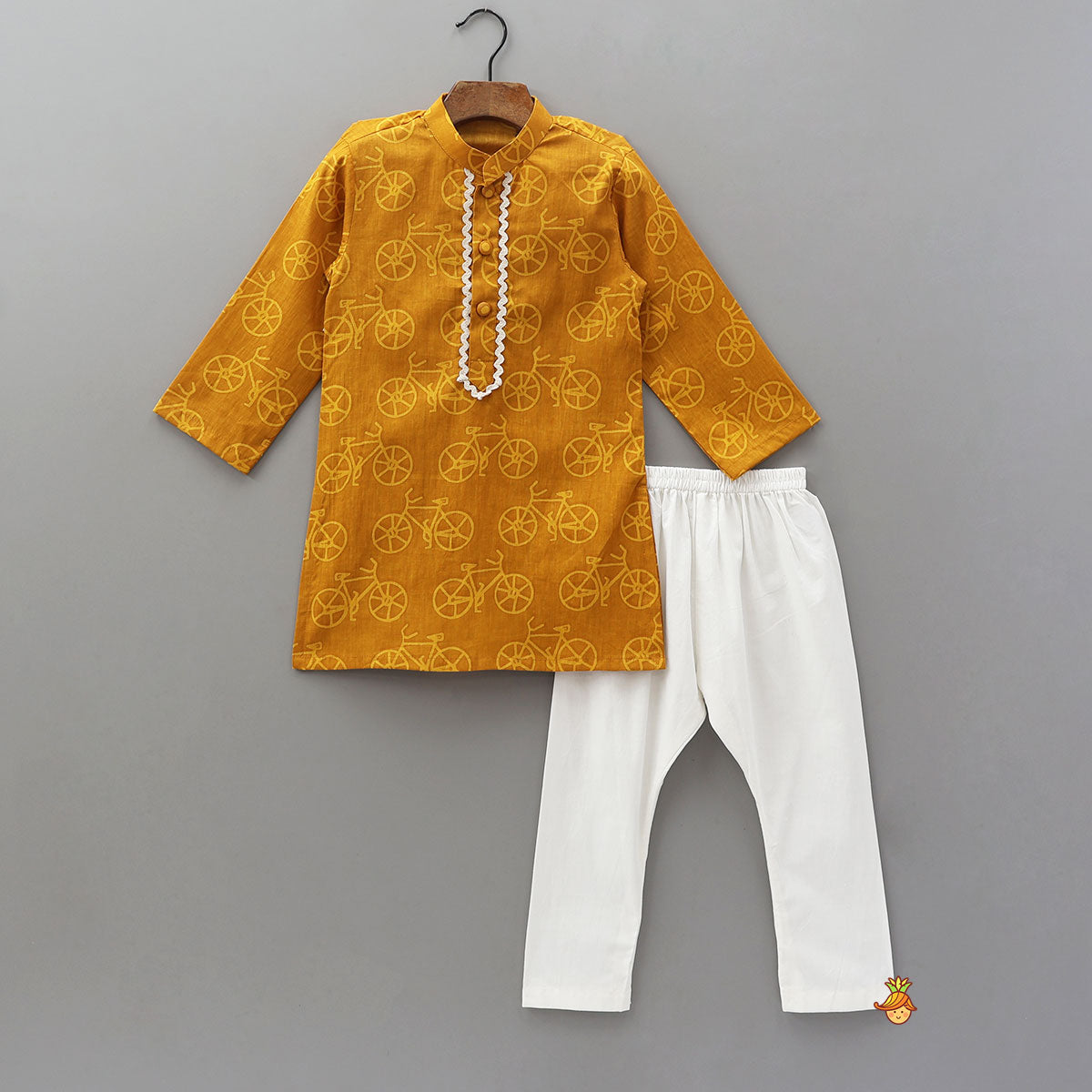 Cycle Print Kurta With Heart And Polka Dot Jacket With Pyjama