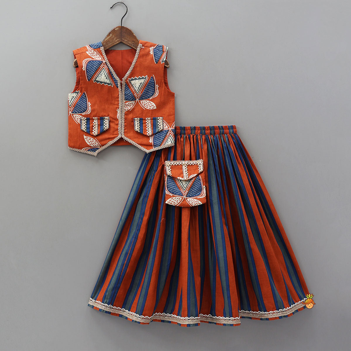 Faux Pocket Printed Top And Striped Lehenga