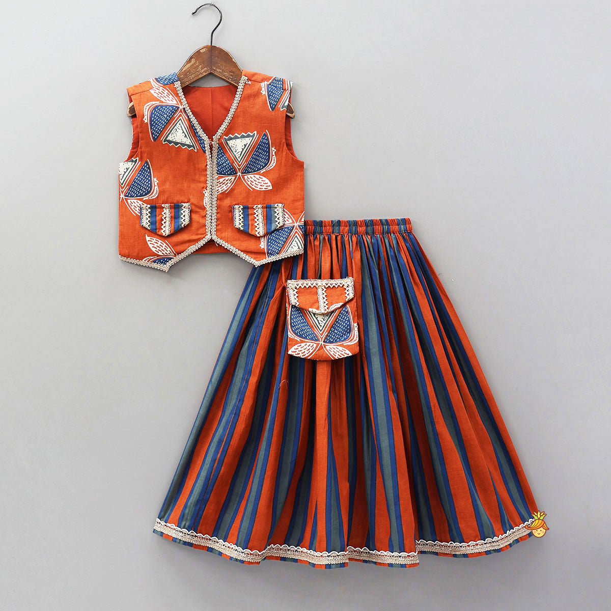 Faux Pocket Printed Top And Striped Lehenga