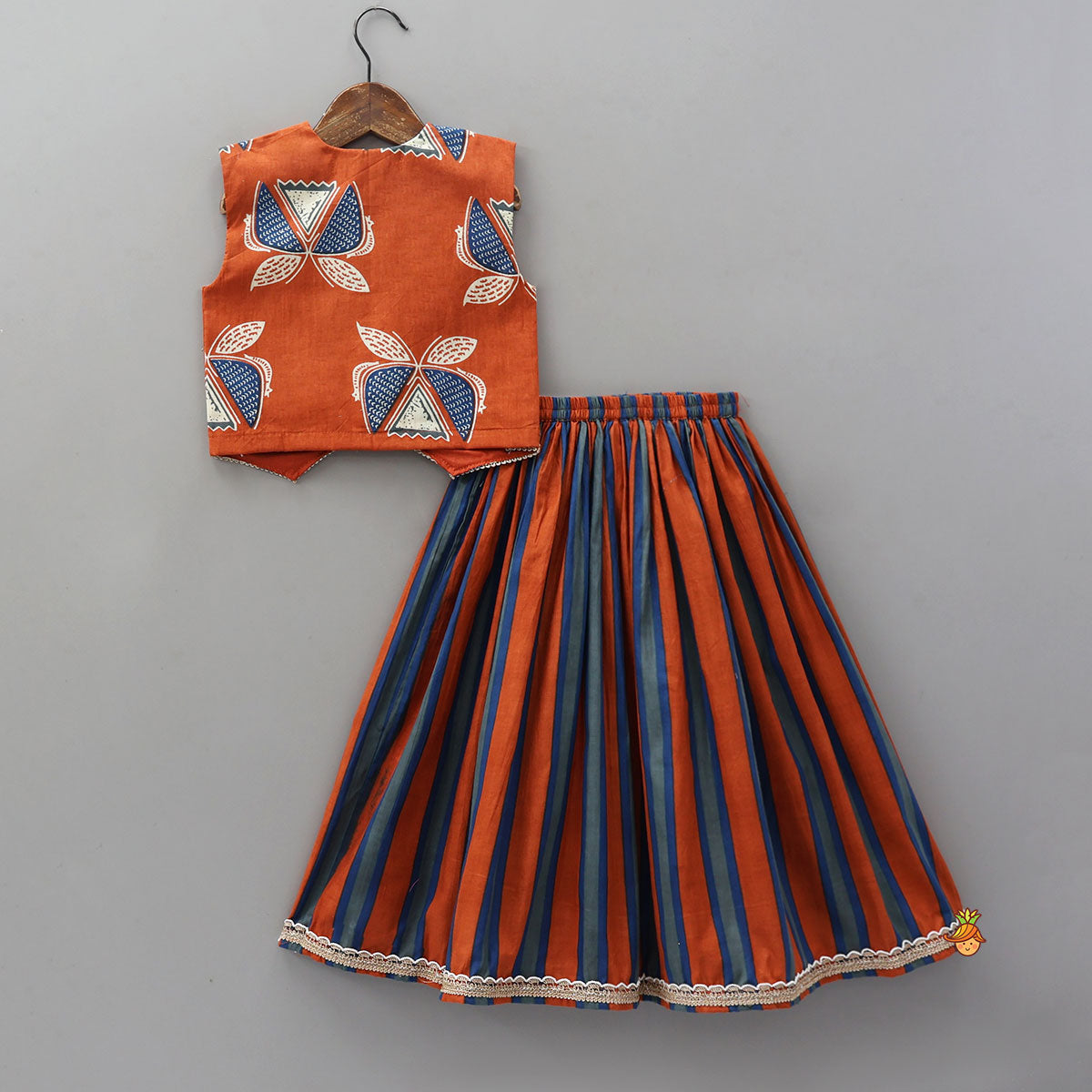 Faux Pocket Printed Top And Striped Lehenga