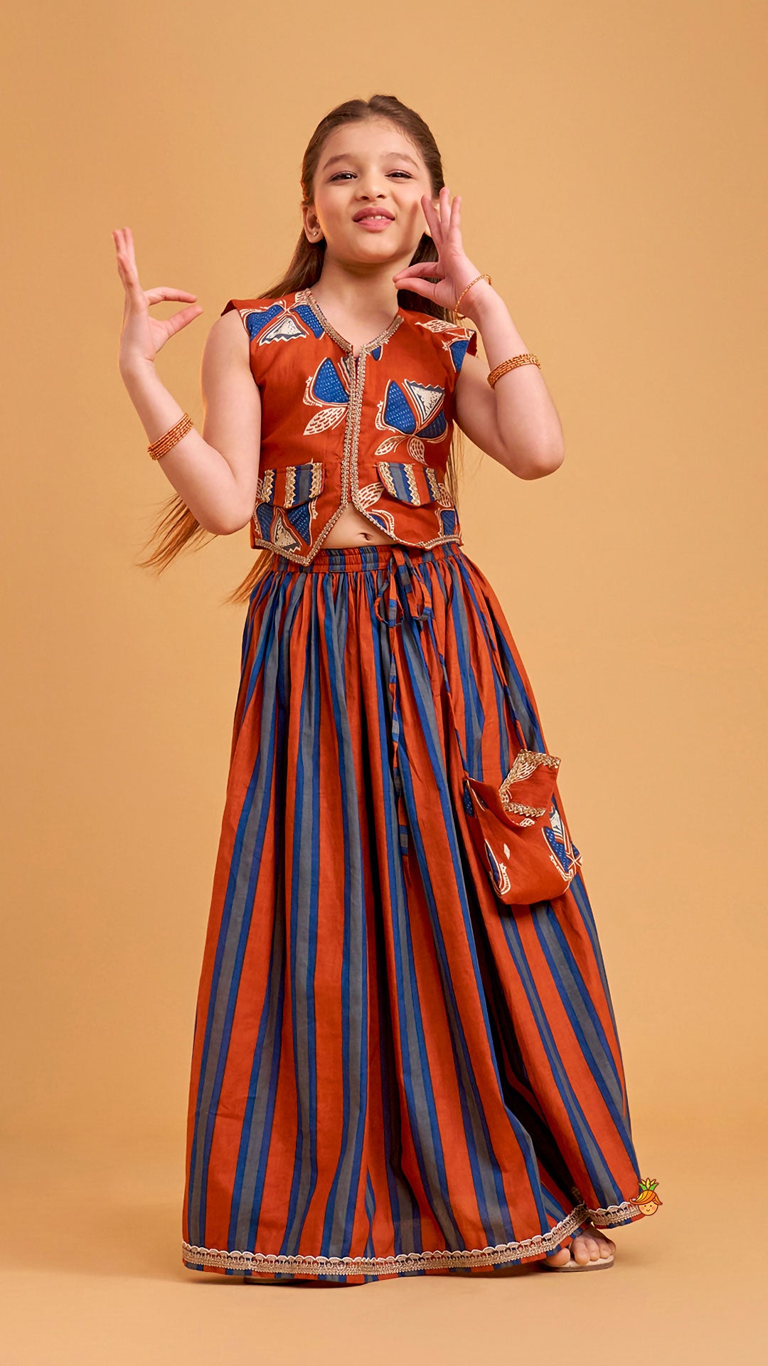 Faux Pocket Printed Top And Striped Lehenga