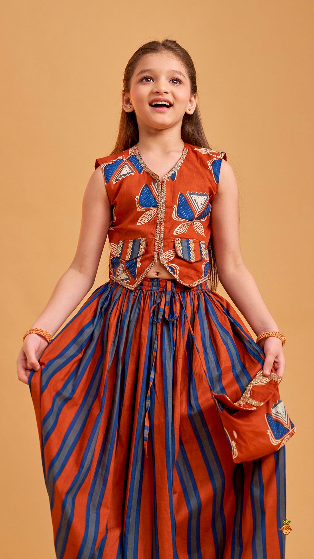 Faux Pocket Printed Top And Striped Lehenga
