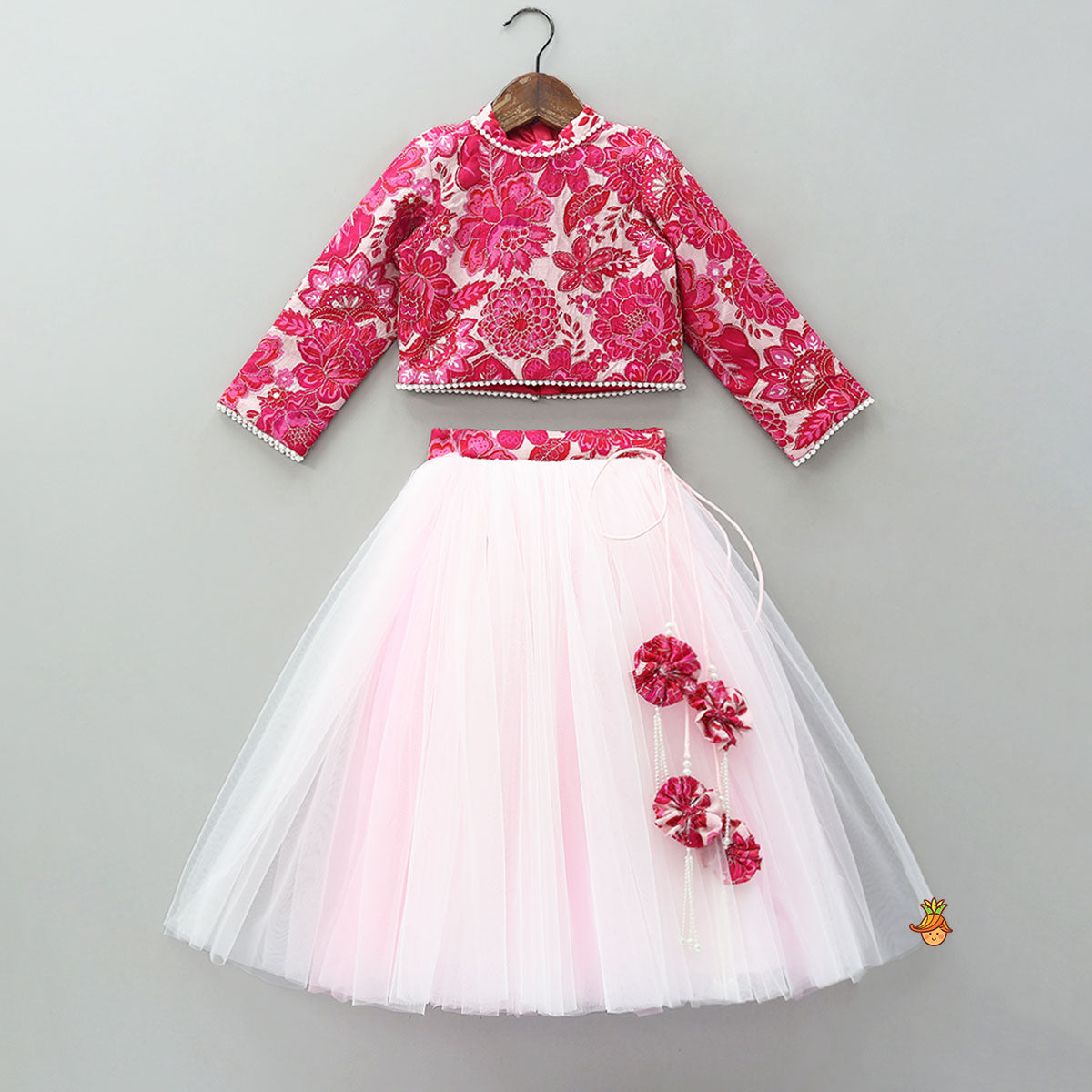 Stand Collar Elegant Top And Floral Tassels Embellished Lehenga