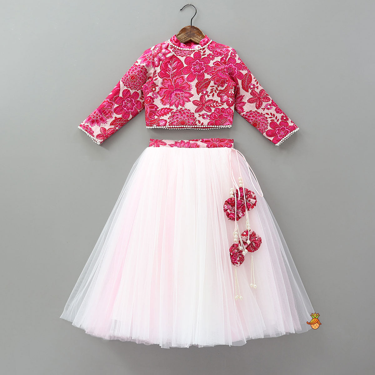 Stand Collar Elegant Top And Floral Tassels Embellished Lehenga