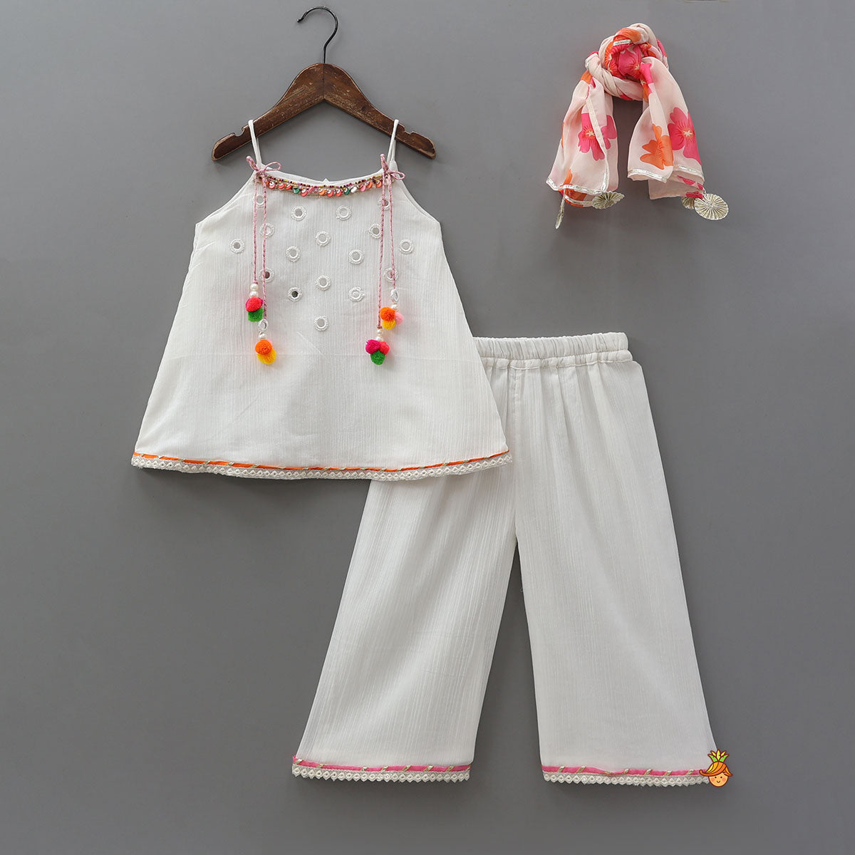 Colourful Pom Pom?Enhanced Top And Palazzo-Style Pant With Contrasting Dupatta