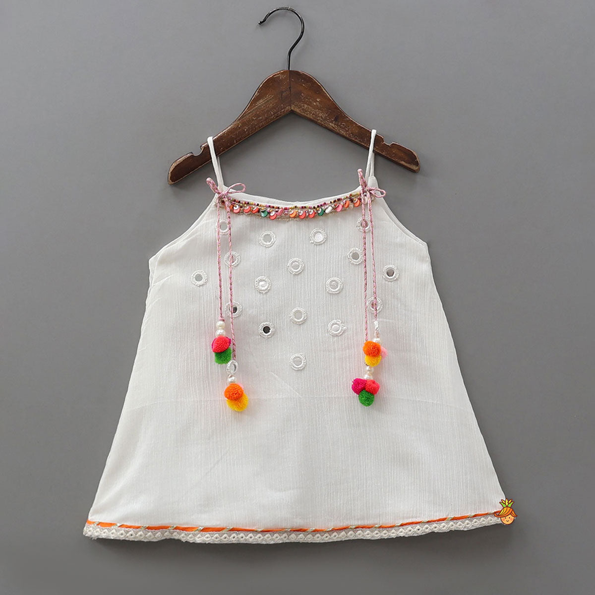 Colourful Pom Pom?Enhanced Top And Palazzo-Style Pant With Contrasting Dupatta