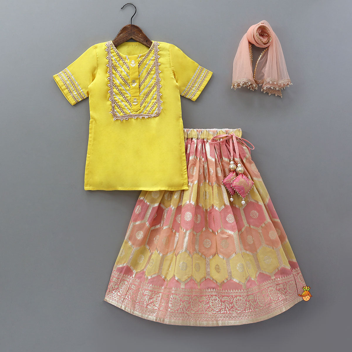 Gota Lace Detailed Yoke Kurti And Brocade Lehenga With Net Dupatta