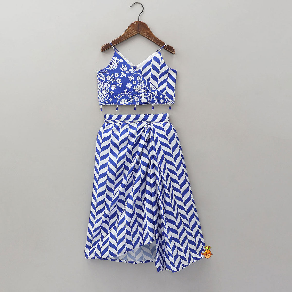 Strappy Crop Top And Dhoti Style Skirt With Printed Matching Cape