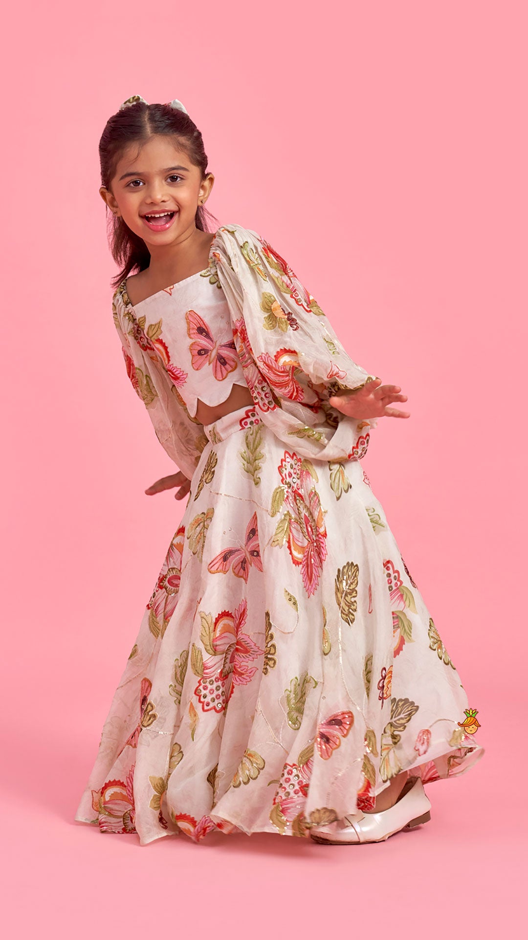 Printed Embroidered Crop Top And Umbrella Style Flared Lehenga With Matching Hairclip