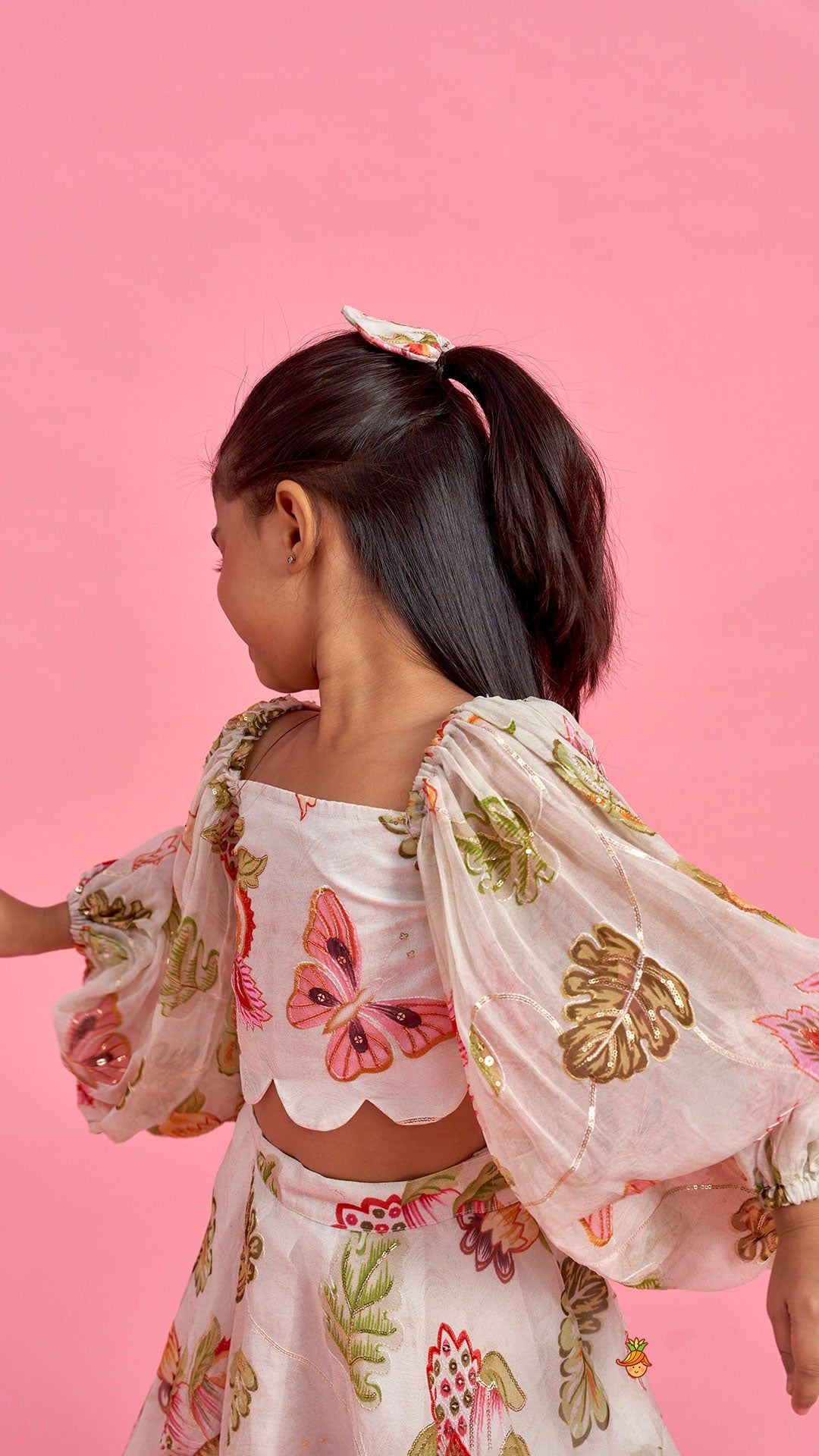 Printed Embroidered Crop Top And Umbrella Style Flared Lehenga With Matching Hairclip